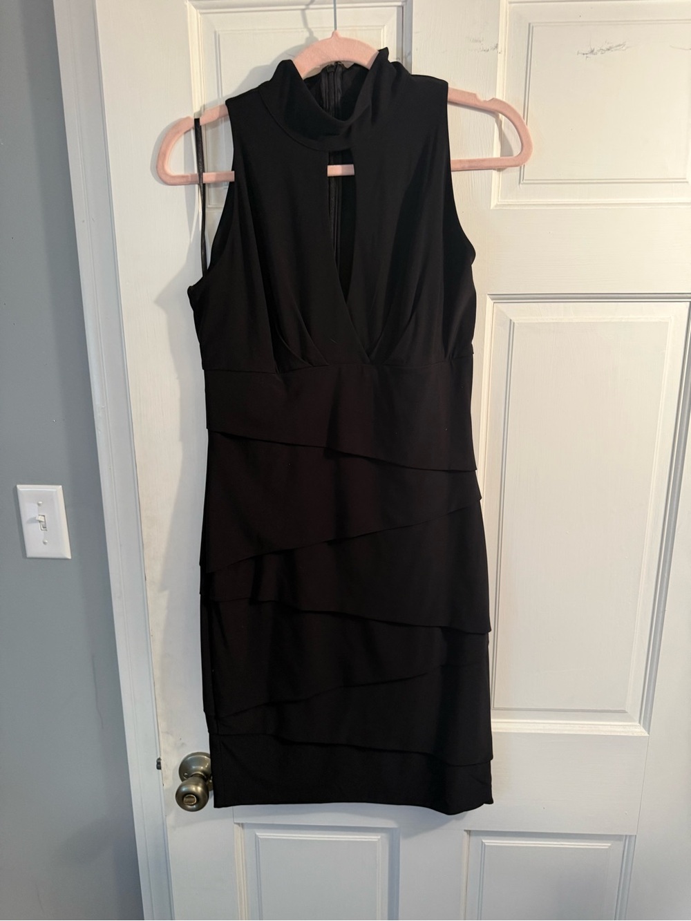 White House Black Market Black Sleeveless Tiered Cocktail Dress with Mock Neck